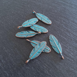 8 or 40 Antique Copper Alloy Oval Feather Charms with Blue Patina Size: 30x9x4mm