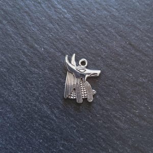 May include: A silver Anubis charm, a pendant depicting the ancient Egyptian god with a jackal head. The charm has intricate details, including a stylized eye and vertical lines representing the god's beard. The charm is designed with a small loop for attaching to a necklace or bracelet.