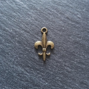 May include: A bronze-colored fleur-de-lis charm with a loop at the top for attaching to jewelry or other crafts. The charm is a classic heraldic symbol, and it is set against a dark gray background.