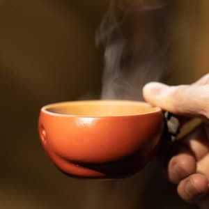 May include: A small, round, terracotta-coloured ceramic cup with a smooth, matte finish. The cup has a simple, minimalist design and is emitting visible wisps of steam, indicating that it contains a hot liquid beverage.