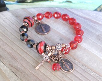 Red and Black Decade Rosary Bracelet, St Benedict and Miraculous Medal Rosary Bracelet Copper Handmade Rosary Bracelet for Women | #B385