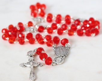 Divine Mercy Red Crystal Catholic Rosary Glass Faceted Miraculous Medal Catholic Gift  #R205