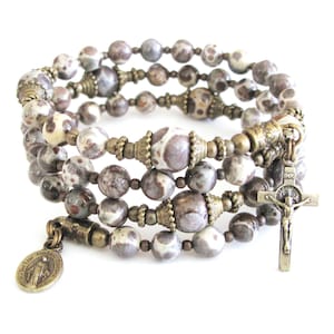 Natural Coffee Ocean Fossil Smooth Round Jasper Gemstone Catholic Rosary Wrap Bracelet Catholic Handmade Rosary For Men or Women | 770U