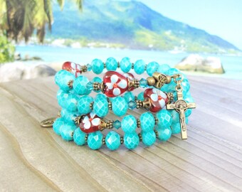 Blue Faceted Glass and Dotted Red Heart Lampwork Catholic Rosary Wrap Bracelet  Handmade Rosary for Women | #785