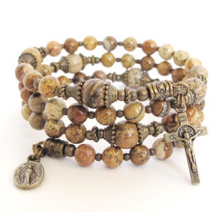 Picture Jasper Gemstone Catholic Rosary Wrap Bracelet Catholic Handmade Rosary Bracelet Benedict Rosary Men&#39;s or Women&#39;s Rosary | #766b