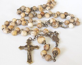 Picture Jasper Gemstone Catholic Rosary Handmade Rosary St Benedict Rosary Gift for Dad Mom's Rosary Dad's Rosary | #R209