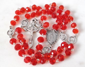 Divine Mercy Red Crystal Catholic Rosary Glass Faceted Miraculous Medal Catholic Gift  #R205