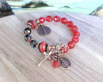 Red and Black Decade Rosary Bracelet, St Benedict and Miraculous Medal Rosary Bracelet Copper Handmade Rosary Bracelet for Women | #B385