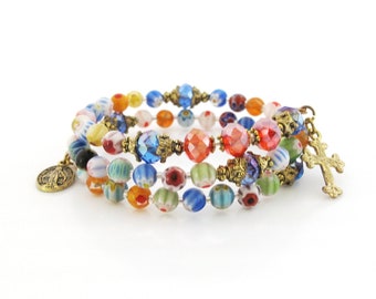 Millefiori Murano Colorful Glass Catholic Rosary Bracelet Wrist Wrap Rosary | #355