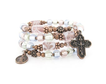 Catholic Rosary Wrap Bracelet Made With Multicolor Foiled Lampwork Glass Beads | #735