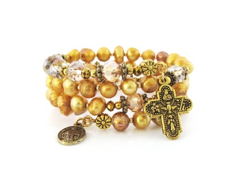 Yellow Gold Fresh Water Pearls Catholic Wrap Rosary Bracelet | #582