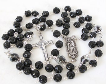 Black Catholic Rosary Czech  Glass Smooth Faceted Saint Benedict Our Lady of Guadalupe Grandma Rosary Catholic Gift for Mom| #R204