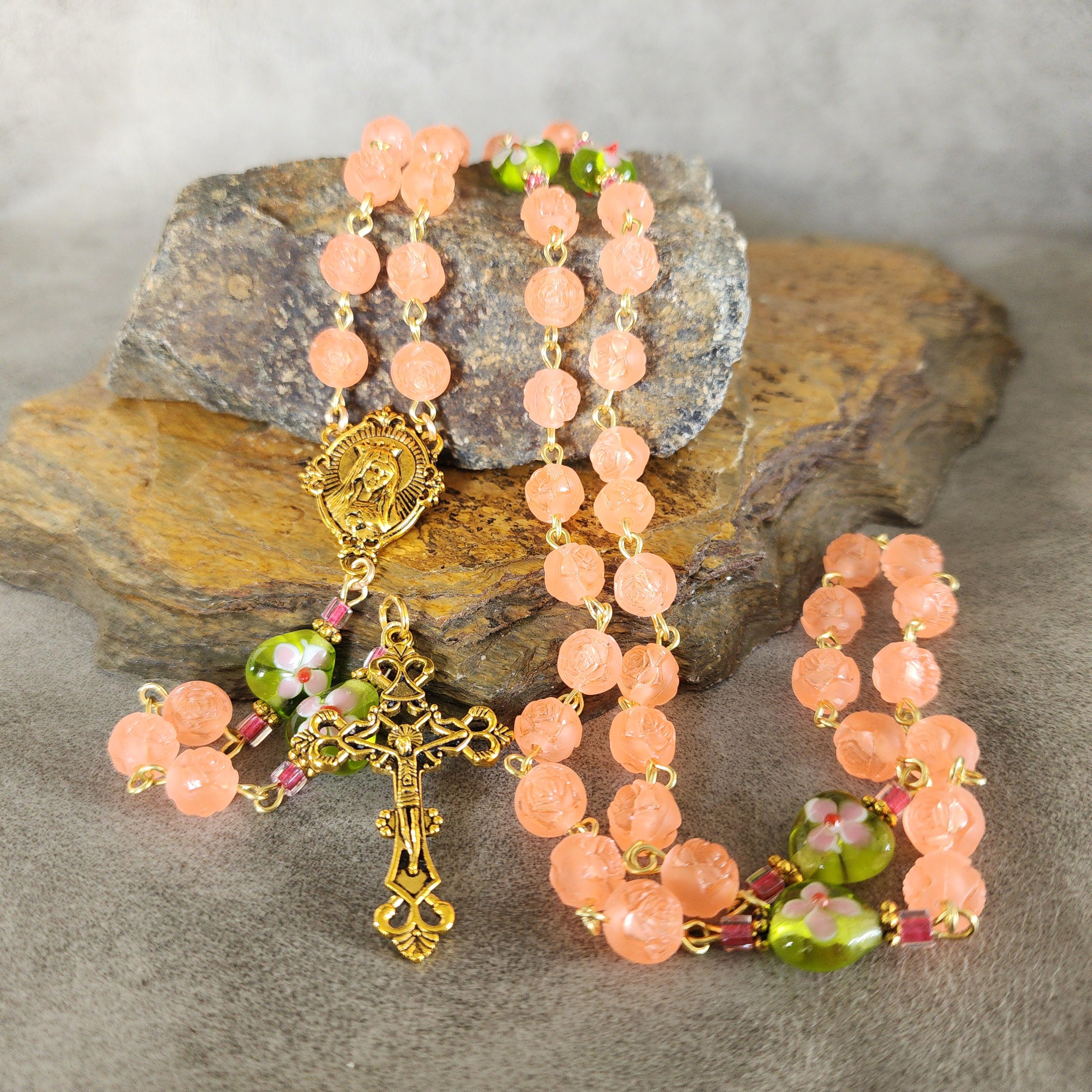 Peach Rose Bead Rosary, Immaculate Heart Center, Fleur-de-lis