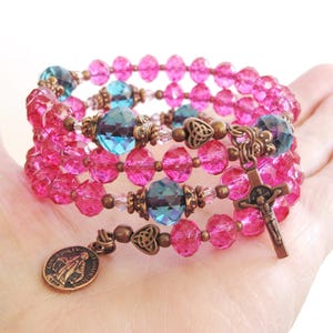 Fuchsia Crystal Rosary Wrap Bracelet: Catholic Gift for Women