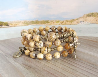 Picture Jasper Gemstone Catholic Rosary Wrap Bracelet Catholic Handmade Rosary Bracelet Benedict Rosary Men Rosary Women Rosary | #766a