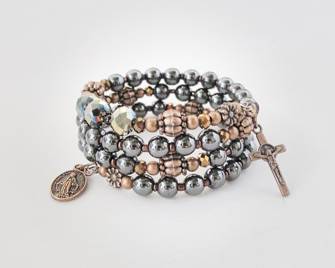Women's Hematite Rosary Wrap Bracelet Catholic Wrist Rosary Five Decade