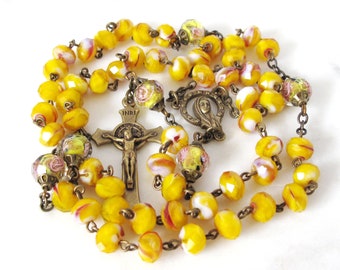 Czech Yellow Catholic Rosary Murano Beads St Benedict Crucifix Our Lady with Crown Center Medal Catholic Gift | #R206