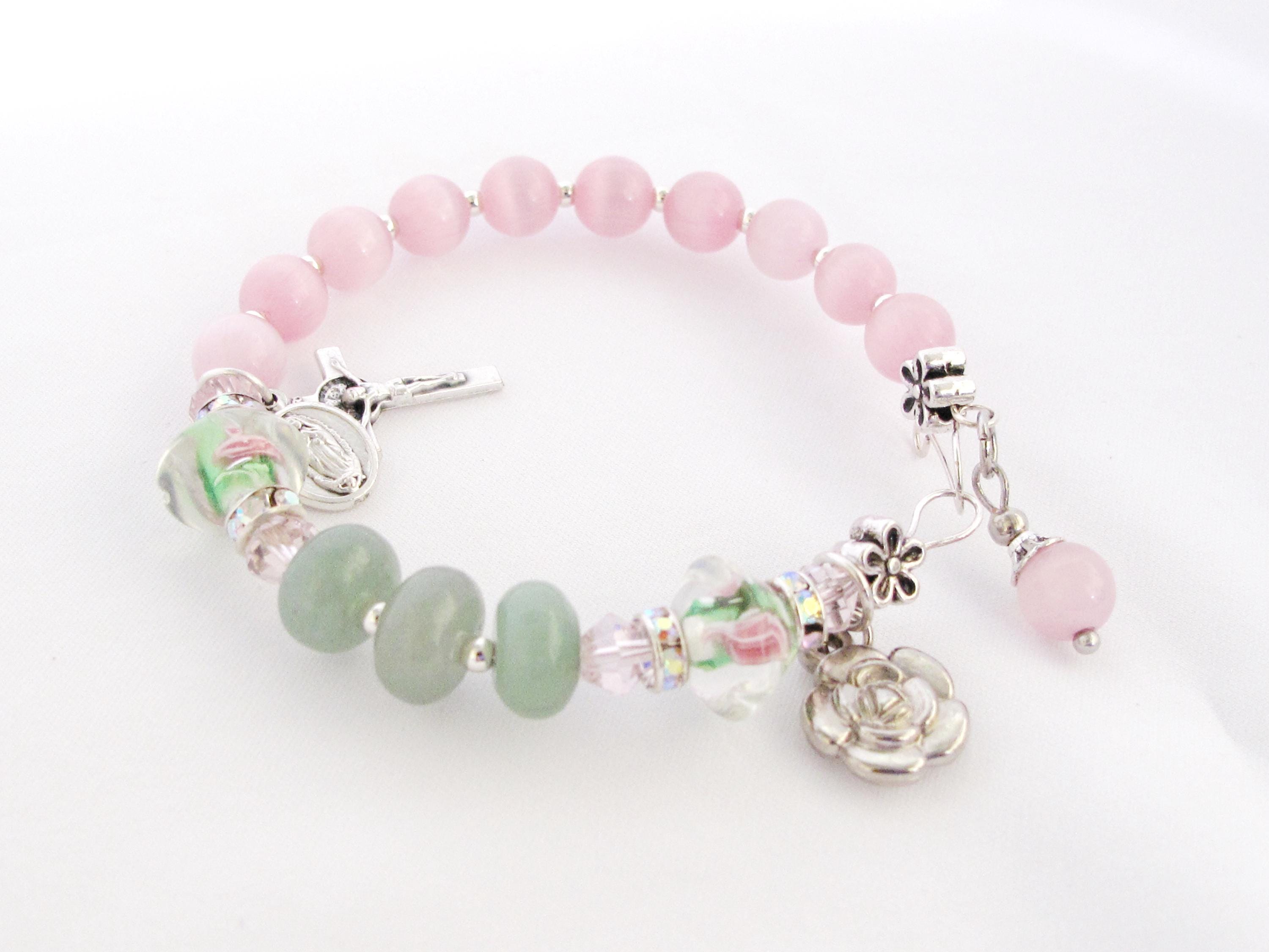 Pink & Green Catholic Rosary Decade Bracelet with Divine Mercy-Our Lady of Guadalupe Medal. Gift for Mom Mother's Day Gift  #B364