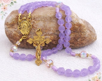 Lavender Rosebud Catholic Rosary Beads | Antique Gold Crucifix, Immaculate Heart Center, R234