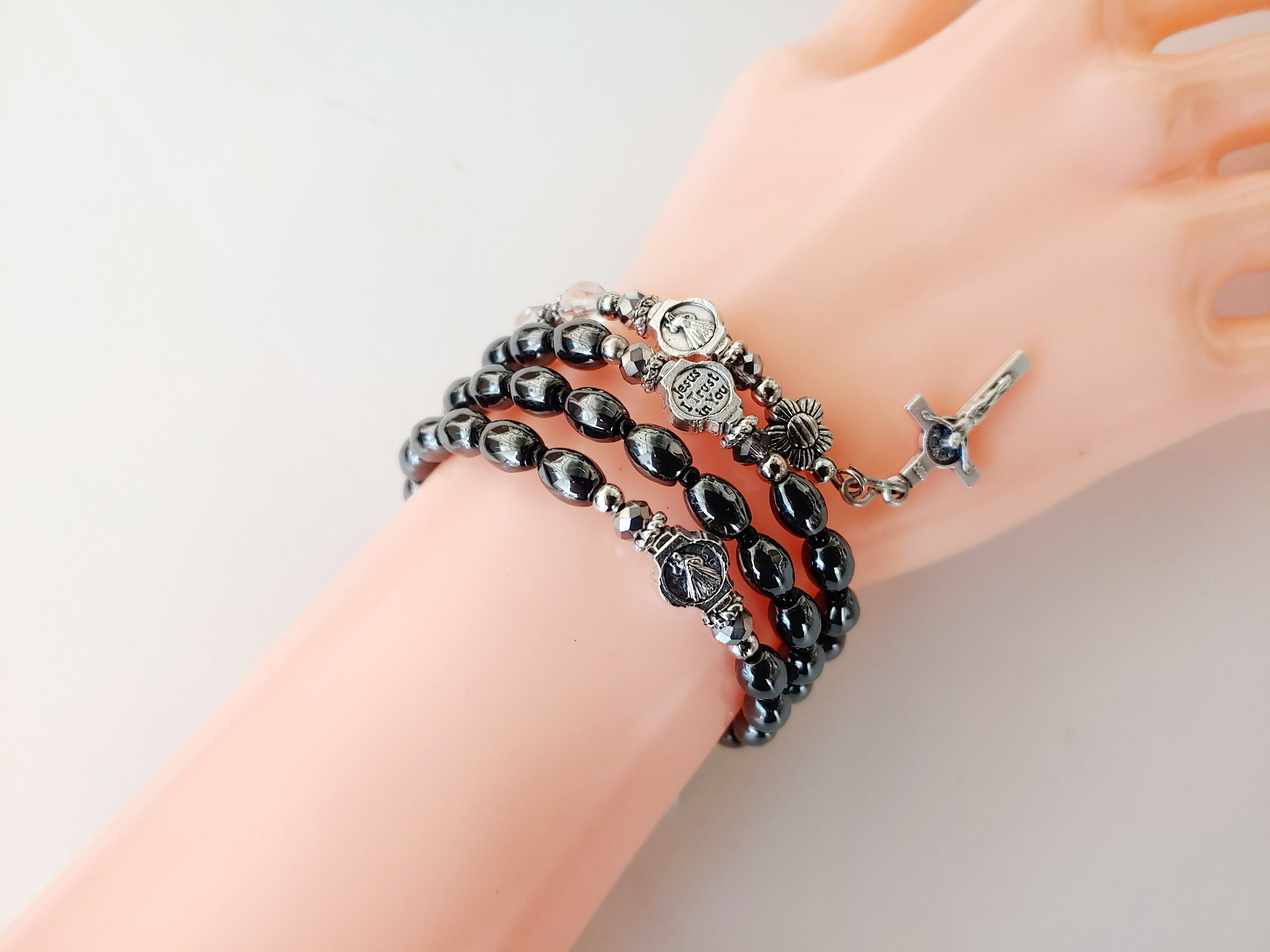 Oval Hematite Wrap Rosary Catholic Rosary Wrist Rosary Etsy