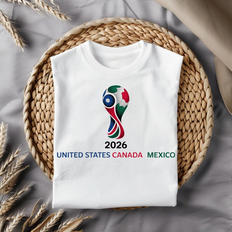 May include: White t-shirt featuring a colorful graphic of a soccer ball design with the text "2026" and "UNITED STATES CANADA MEXICO" in a bold font. The shirt is displayed on a woven basket.