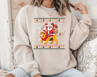 Santa Riding Lion Ugly Christmas Sweater PNG, Funny Xmas Design (Digital Download)