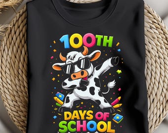 100th Day of School PNG – Dancing Cow Funny School Shirt Design – Cute Teacher Clipart Digital Download