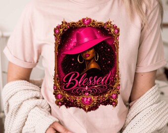 Blessed PNG Black Woman Pink Hat | Melanin Beauty Glam Design (Digital Download)