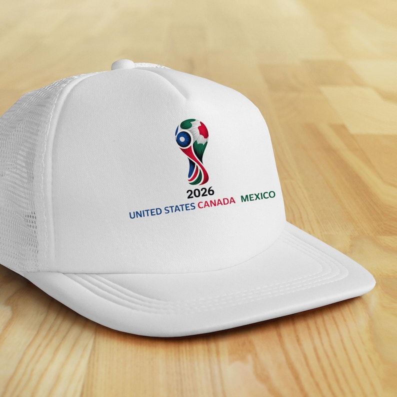 May include: White baseball cap with a mesh back and a curved brim. The cap features a colorful logo with the text "2026 UNITED STATES CANADA MEXICO". The logo is a stylized design with red, blue, green, and white elements.