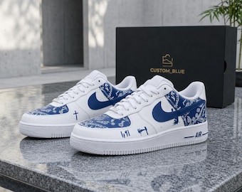 Custom Hand-Painted Sports Sneakers, Blue& White Air Force 1,  gift for him