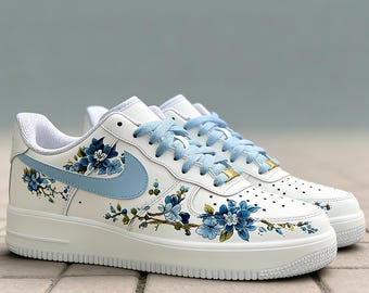 Hand Painted  Blue Blossom Sneakers,Custom Nike Air Force 1,Floral Sneakers for Spring, Unique Gift For Her,Birthday Gift