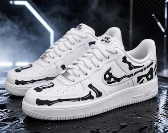 Custom  black Skeleton Bone Af1 Sneakers,Black Skeleton Hand Painted White Sneakers,a unique gift
