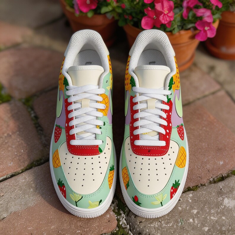 Zapatillas de verano personalizadas pintadas a mano con estampado de frutas caprichosas, af1 Strawberry Picnic, regalo de verano para ella. imagen 4
