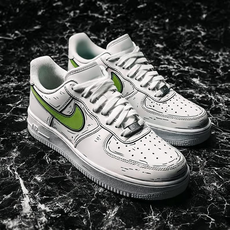 2D Cartoon Custom Nike Air Force 1 - Hand-Drawn Comic Style Sneakers - Aesthetic Pastel Green AF1 image 1