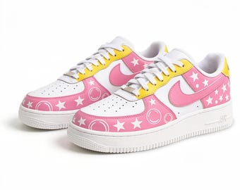 Custom AF1 Sneakers,Hand-Painted Pink AF1,Pink Yellow Air Force 1,Pink Bubble & Star Kicks,Gift for her