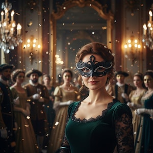 Puede incluir: Una mujer con una máscara de encaje negro con detalles de perlas posa en un evento formal. Viste un vestido de terciopelo verde oscuro con detalles de encaje. Otras personas con trajes de época están en el fondo, con confeti cayendo.