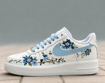 Hand Painted Blue Blossom Sneakers,Custom Nike Air Force 1,Hand Painted Floral Sneakers for Spring, Unique Gift For Her,Birthday Gift