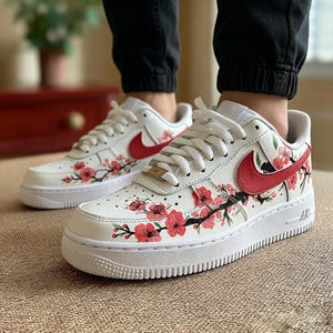 Crimson Bloom Artisan Sneakers - Hand-Drawn Japanese Cherry Blossom AF1 Low - Personalized Aesthetic Gift for Floral Lovers image 7
