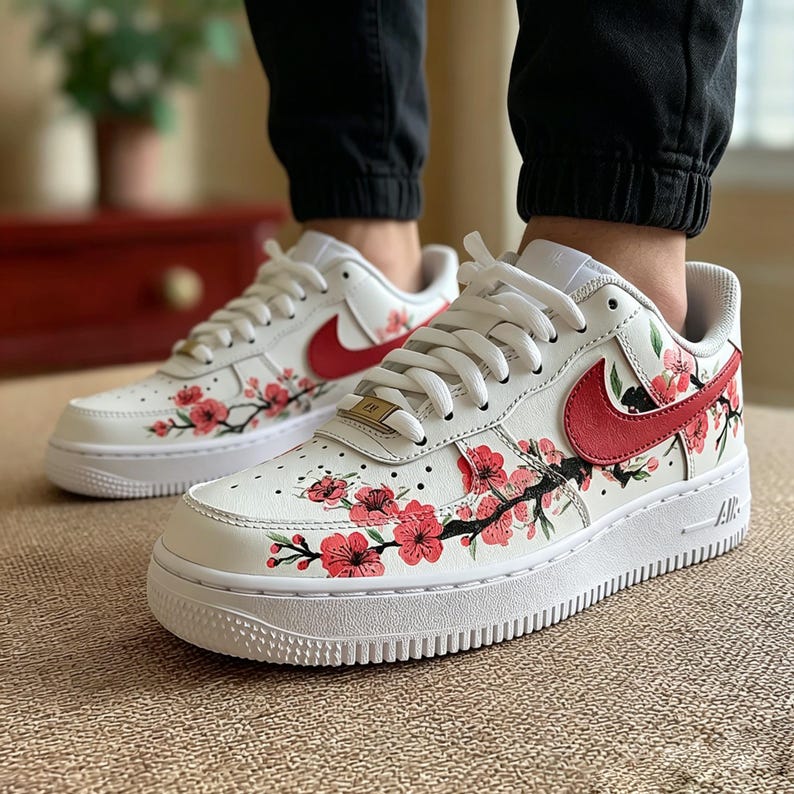 Crimson Bloom Artisan Sneakers - Hand-Drawn Japanese Cherry Blossom AF1 Low - Personalized Aesthetic Gift for Floral Lovers image 7
