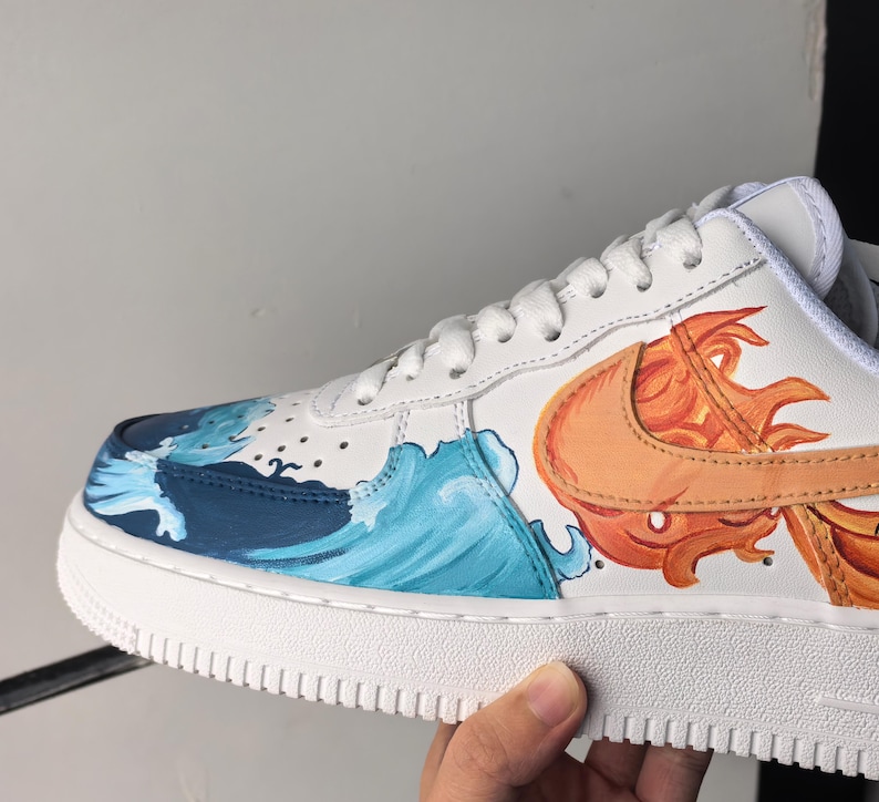 Custom Nike Air Force 1 - Hand Painted Ukiyo-e Great Wave & Fire Sneakers - Elemental Clash AF1, Unique Gift Art image 2
