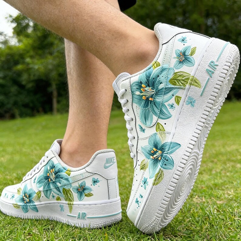 Custom Air Force 1 "Enchanted Teal Garden" - Hand-Painted Botanical Wildflowers - Unique Watercolor Floral Shoes-Gift for Her image 5