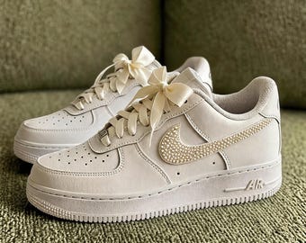 Custom Pearl Air Force 1 - Wedding Sneakers with Ribbon Bows,Luxury Pearl Swoosh Shoes,Gift for her