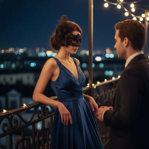 Puede incluir: Una mujer con una máscara oscura adornada y un vestido de satén azul está en un balcón con un hombre en traje. El fondo presenta luces de la ciudad y luces de cadena, creando un ambiente romántico.