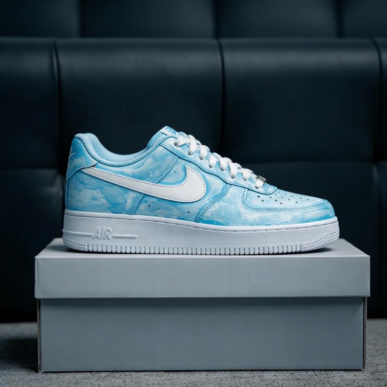 Ethereal Blue Custom AF1,Watercolor Effect Painted Sneakers,Premium Artistic Streetwear,Unique Handcrafted Statement Kicks image 2