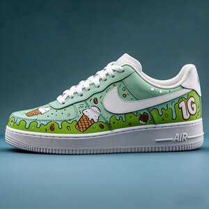 Artisan Hand-Drawn Dessert Dream Sneakers - Minty Drip Pattern Custom AF1,a unique gift image 2