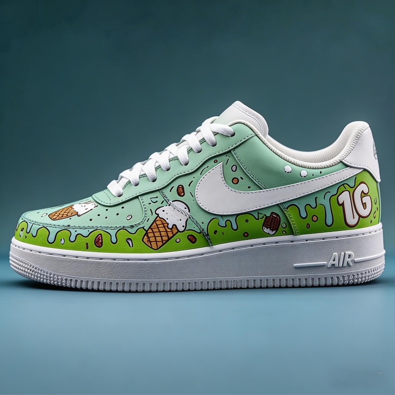Artisan Hand-Drawn Dessert Dream Sneakers - Minty Drip Pattern Custom AF1,a unique gift image 2