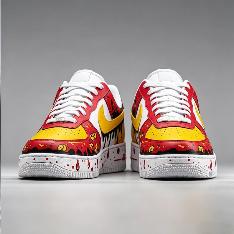 Puede incluir: Un par de zapatillas pintadas a medida. Las zapatillas presentan una base blanca con detalles en rojo y amarillo. El dise&ntilde;o incluye un logotipo de Nike amarillo, gotas rojas y cordones blancos. La entresuela tiene salpicaduras de pintura roja.