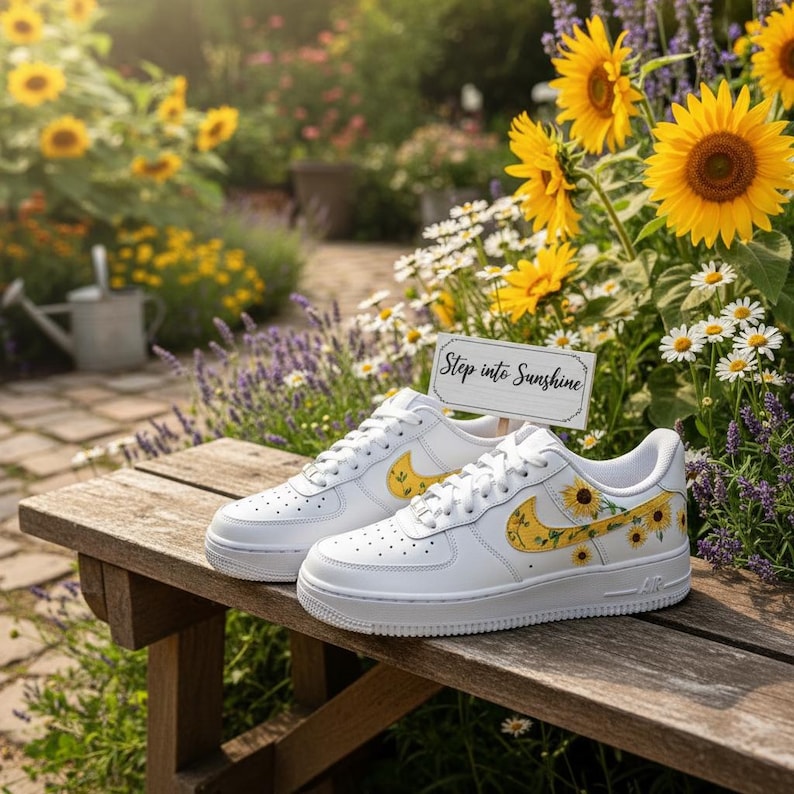 May include: White sneakers with yellow sunflower designs on a wooden bench in a garden setting. The sneakers have a yellow swoosh and sunflower accents. A sign that says "Step into Sunshine" is also in the image.