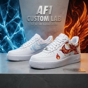 May include: White AF1 Custom Lab sneakers, Ice & Fire Collection. One shoe features a blue ice design, the other a red and orange fire design. The text "AF1 CUSTOM LAB ICE & FIRE COLLECTION" is visible.