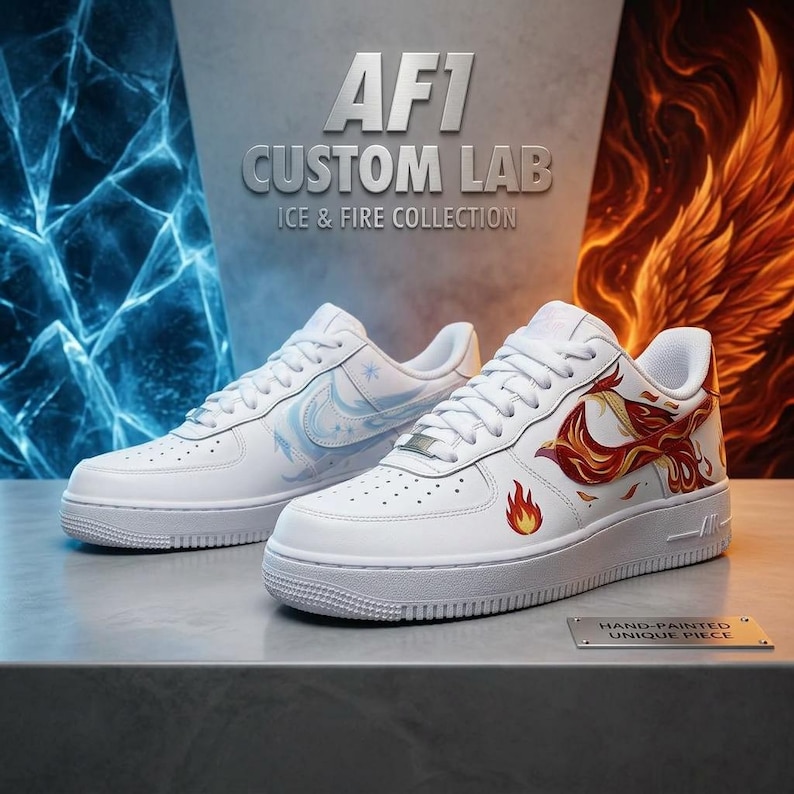 May include: White AF1 Custom Lab sneakers, Ice & Fire Collection. One shoe features a blue ice design, the other a red and orange fire design. The text "AF1 CUSTOM LAB ICE & FIRE COLLECTION" is visible.